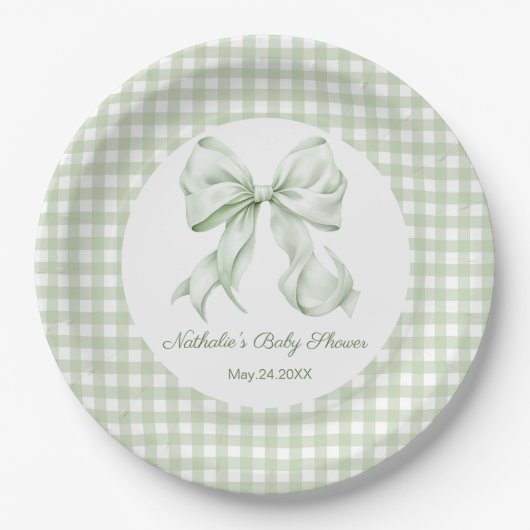 Sage Green Bow Gingham Baby Dusche Pappteller (Vorderseite)