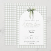 Sage Green Bow Gingham Baby Shower Einladung (Vorne/Hinten)