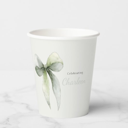 Sage Green Bow Gingham Baby Shower Pappbecher (Vorderseite)
