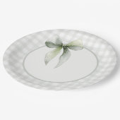Sage Green Bow Gingham Baby Shower Pappteller (Schrägansicht)