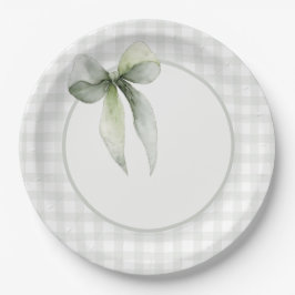 Sage Green Bow Gingham Baby Shower Pappteller