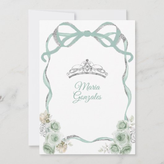 Sage Green Bow Princess Silver Crown Quinceañera Einladung (Rückseite)
