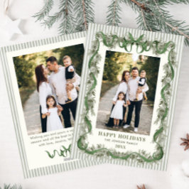 Sage Green Bow Ribbon Stripped Christmas 2 Photo Feiertagskarte