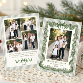 Sage Green Bow Ribbon Stripped Christmas 5 Photo Feiertagskarte