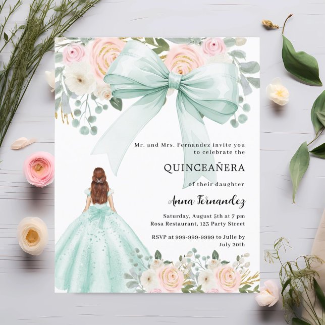 Sage green bow rosa Kleid Quinceanera Einladung (Von Creator hochgeladen)