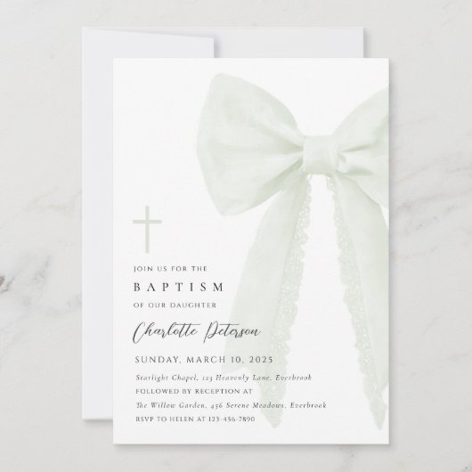 Sage Green Bow Taufe Einladung (Vorderseite)