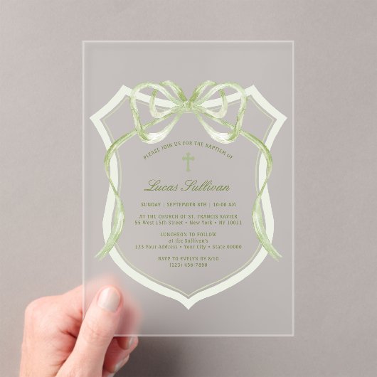 Sage Green Bow Wappen Taufe Acryleinladungen (Insitu (Handheld))