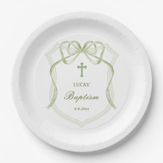 Sage Green Bow Wappen Taufe Pappteller (Vorderseite)
