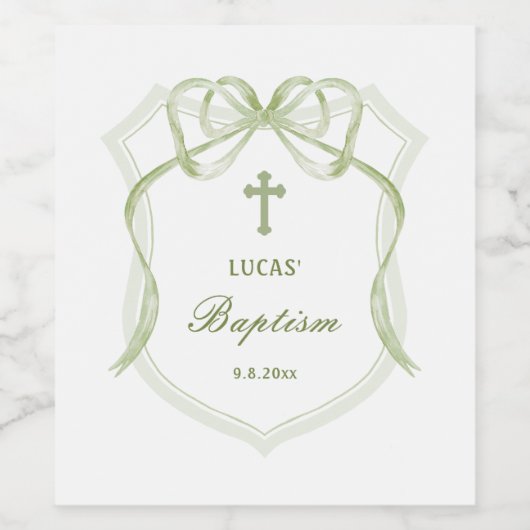 Sage Green Bow Wappen Taufe Weinetikett (Einzelnes Label)