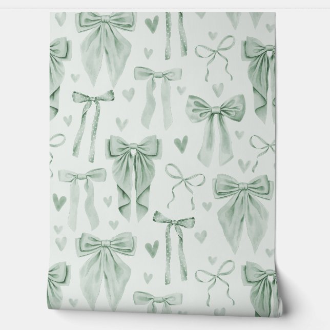 Sage Green Bows and Hearts on Soft Green Tapete (Abrollen)