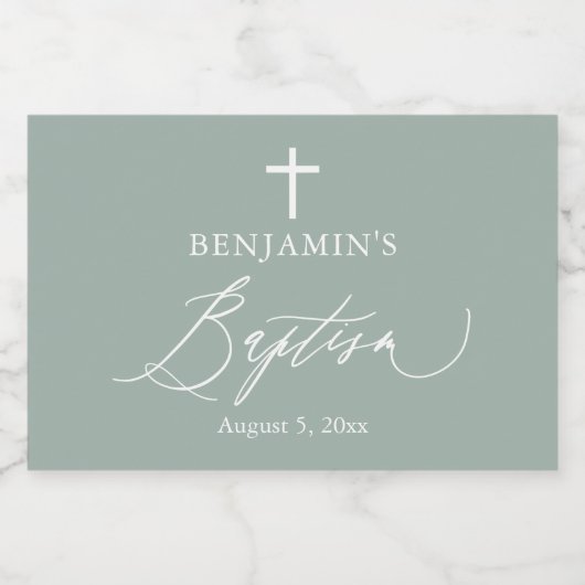 Sage Green Boy Baptism Mini Sparkling Weinflasche Schaumweinetikett (Einzelnes Label)