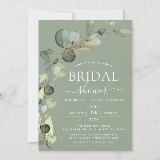 Sage Green Brautparty QR Code Foto Eucalyptus Einladung (Vorderseite)