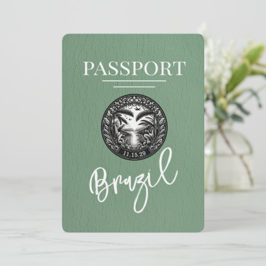 Sage Green Brazil Passport Save the Date (Stehend Vorderseite)