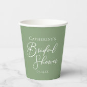 Sage Green Bridal Shower Personalized White Script Pappbecher (Vorderseite)