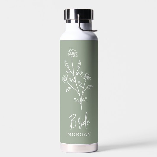 Sage Green Bride Hand Scripting Name Floral Trinkflasche (Links)
