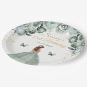 Sage Green Brown Hair Princess Birthday Party Pappteller (Schrägansicht)