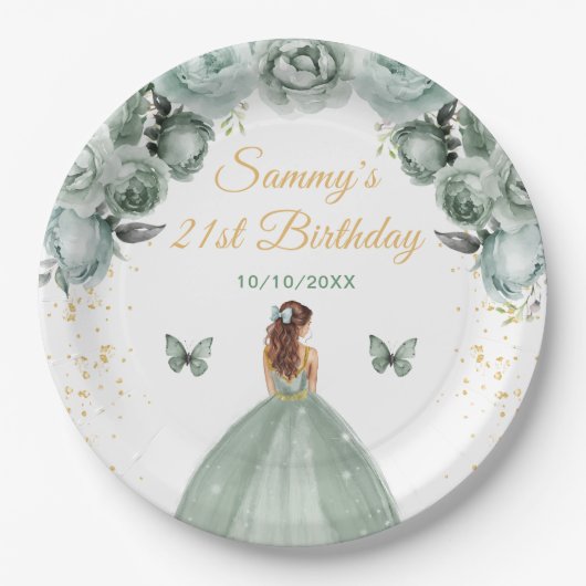 Sage Green Brown Hair Princess Birthday Party Pappteller (Vorderseite)