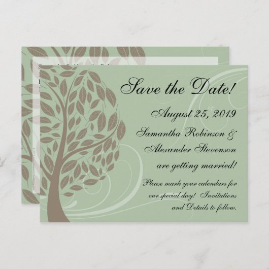 Sage Green, Brown Stylized Öko Tree Save the Date Ankündigungspostkarte (Vorne/Hinten)