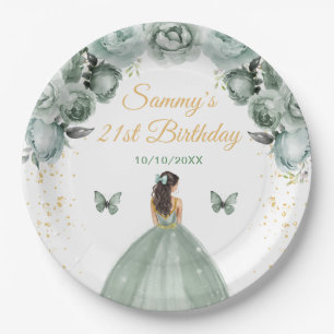 Sage Green Brünett Hair Princess Birthday Party Pappteller