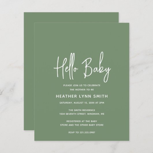 Sage Green Budget Hallo Baby Dusche Einladung (Vorne/Hinten)