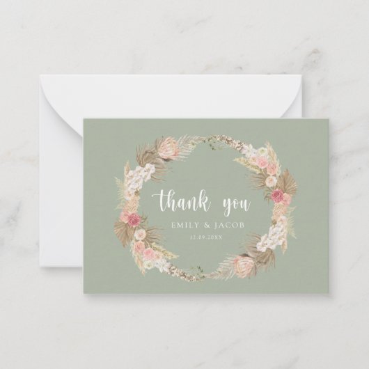 Sage Green Budget Hochzeit Boho Kranz danke Ihnen Mitteilungskarte (Vorderseite)