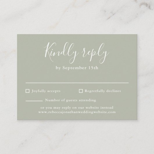 Sage Green Budget Modern Script Wedding RSVP Card Begleitkarte (Vorderseite)