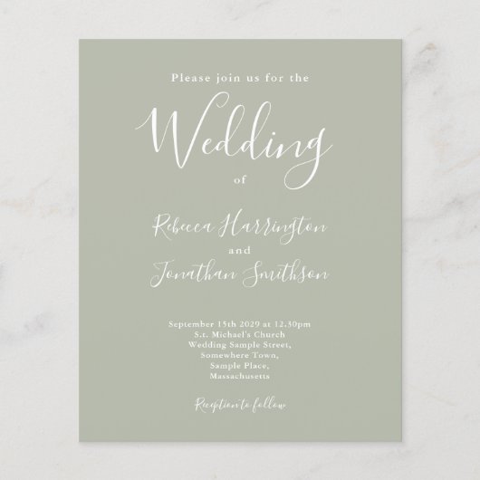 Sage Green Budget Moderne Script Hochzeitseinladun (Vorderseite)