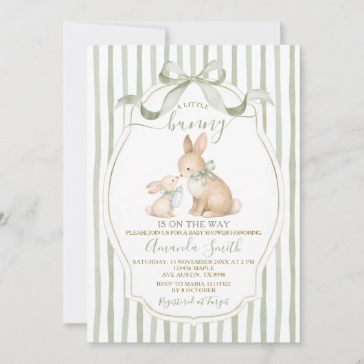 Sage Green Bunny Baby Shower Dusty Green Einladung (Vorderseite)