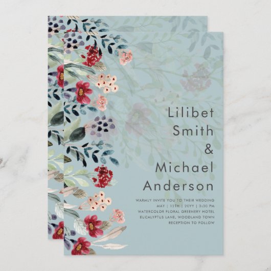 Sage Green Burgundy Blue Floral Wedding Einladung (Vorne/Hinten)