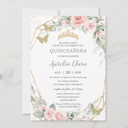 Sage Green Butterfells Pink Floral Quinceñera Einladung (Vorderseite)