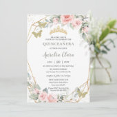 Sage Green Butterfells Pink Floral Quinceñera Einladung (Stehend Vorderseite)