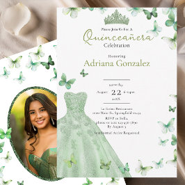 Sage Green Butterflies Dress Tiara Quinceanera Einladung