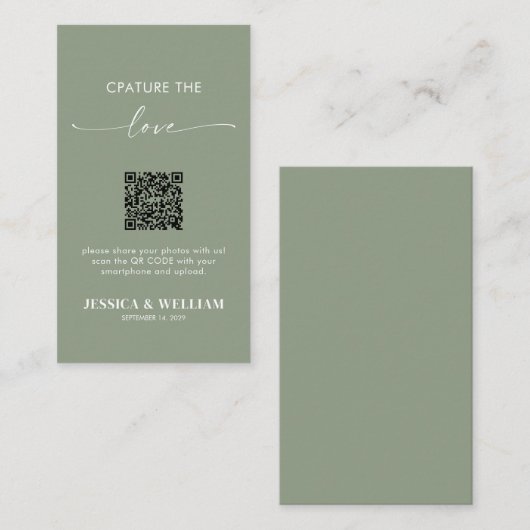 Sage Green Calligraphy Capture the Liebe QR Code Begleitkarte (Vorne/Hinten)
