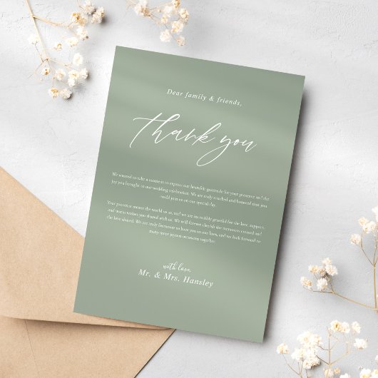 Sage Green Calligraphy Classic Elegant Wedding Dankeskarte