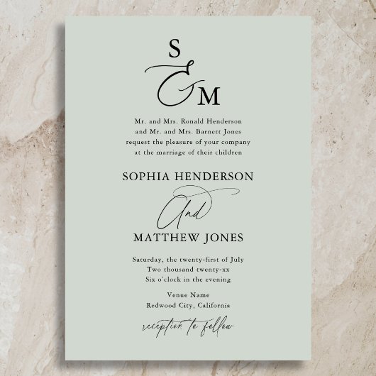 Sage Green Calligraphy Monogram Formal Wedding Einladung