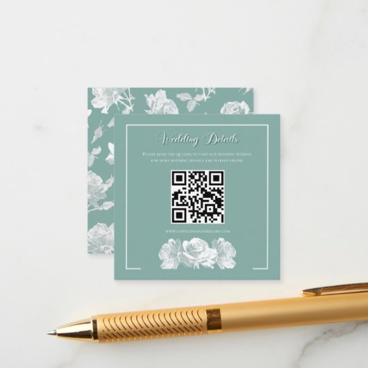 Sage Green Calligraphy QR Info Wedding Begleitkarte (Vorderseite/Rückseite Beispiel)