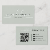 Sage Green Calligraphy Script QR-Code Visitenkarte (Vorne/Hinten)
