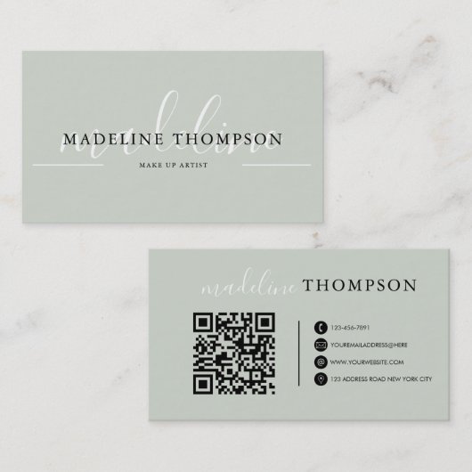 Sage Green Calligraphy Script QR-Code Visitenkarte (Vorne/Hinten)
