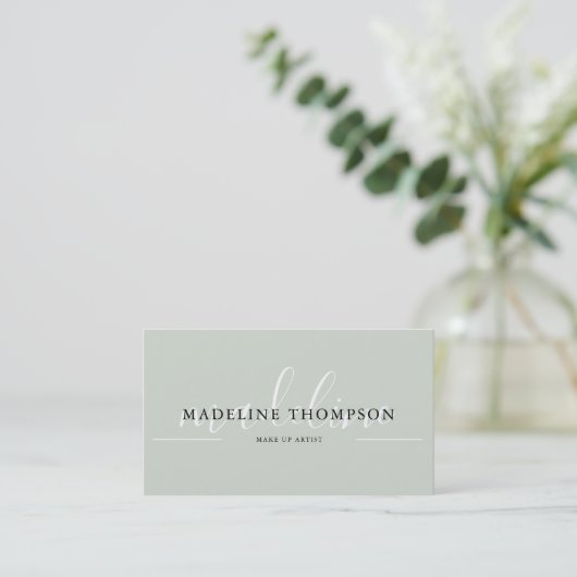 Sage Green Calligraphy Script QR-Code Visitenkarte (Stehend Vorderseite)