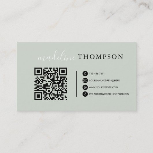 Sage Green Calligraphy Script QR-Code Visitenkarte (Rückseite)