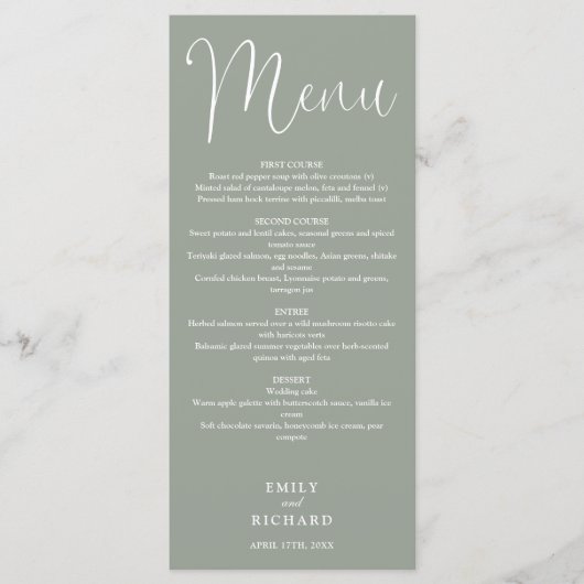 Sage Green Calligraphy Script Wedding Menükarte (Vorderseite)