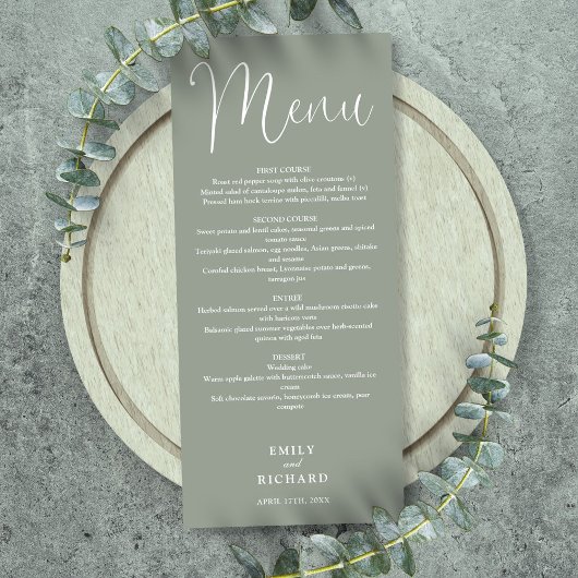 Sage Green Calligraphy Script Wedding Menükarte