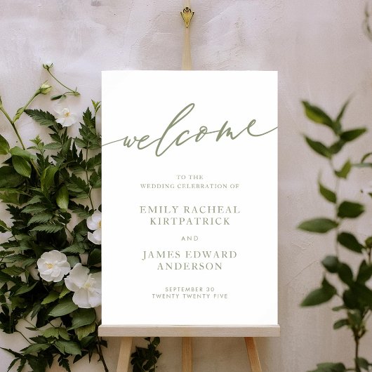 Sage Green Calligraphy Simple Wedding Willkommen Poster