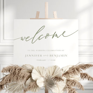 Sage Green Calligraphy Simple Wedding willkommen Poster