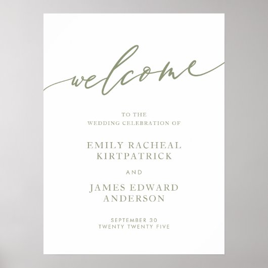 Sage Green Calligraphy Simple Wedding Willkommen Poster (Vorne)