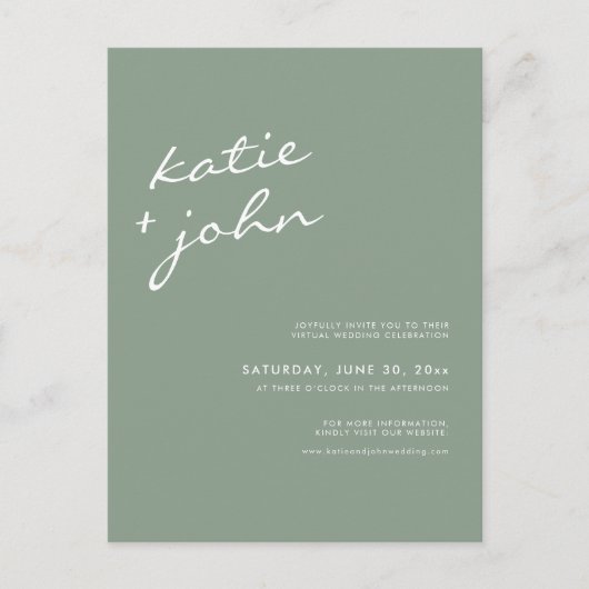 Sage Green Calligraphy Virtual Wedding Einladungspostkarte (Vorderseite)