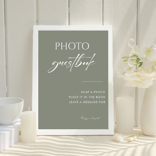 Sage Green Calligraphy Wedding Foto Gästebuch Sockelschild