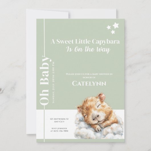 Sage Green Capybara Baby Shower Invitation Save The Date (Vorderseite)