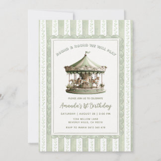 Sage Green Carousel Merry-go-round Birthday Party  Einladung
