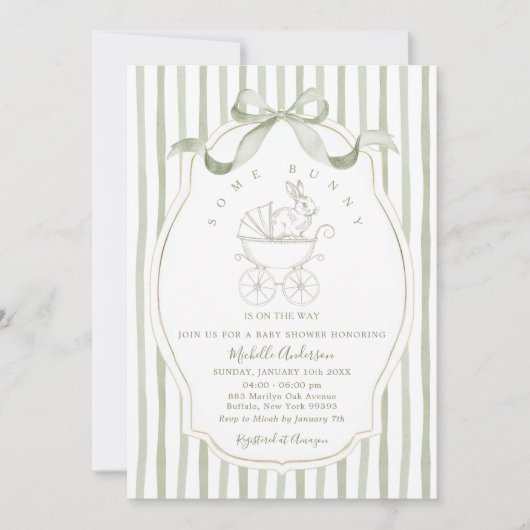 Sage Green Carriage Bunny Baby Shower Invitation Einladung (Vorderseite)